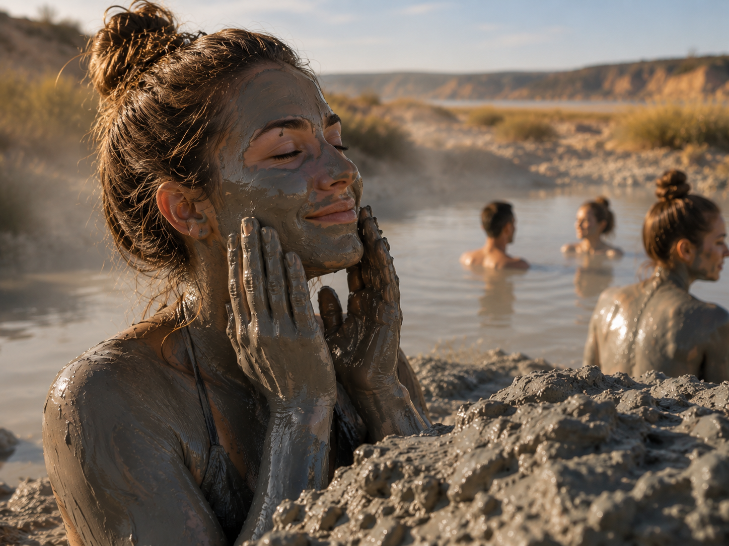 Person applying mineral mud to her face beside the natural hot springs in Zújar, Southern Spain